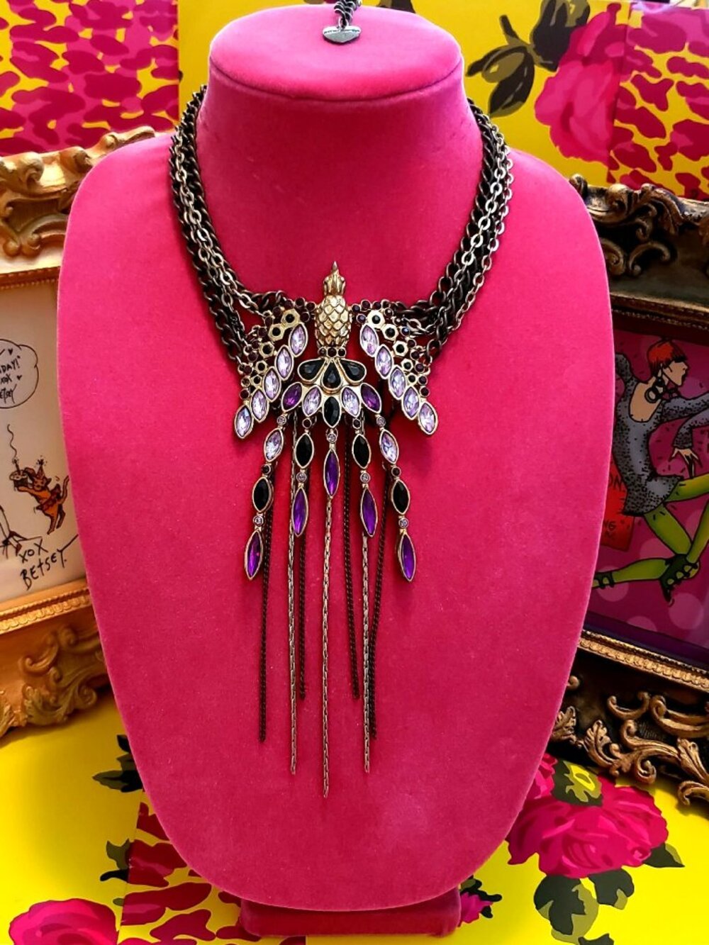 Betsey Johnson Vintage Phoenix Rises Statement Necklace Purple Rhinestone Bird